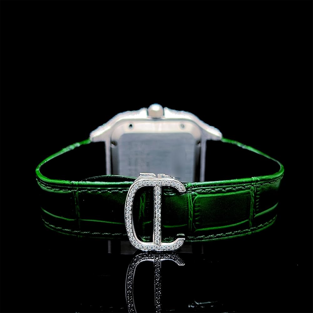 Moissanite Diamond Watch for Men Automatic Luxury Square Watch with Green Leather Strap Iced Out Roman Dial Designer Wrist Watch Gift for Him