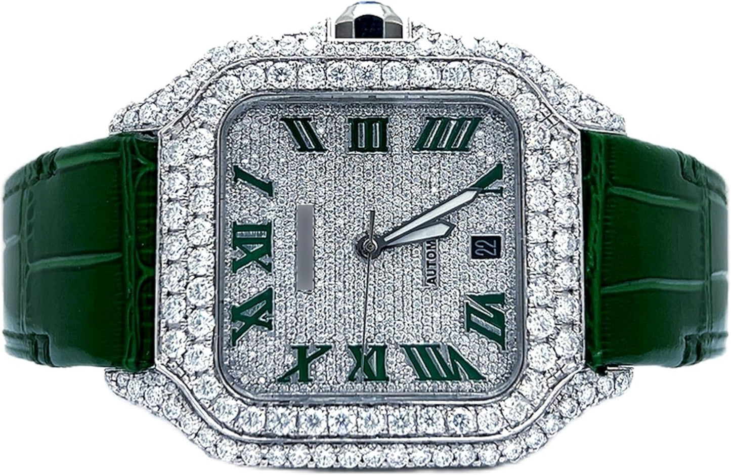 Moissanite Diamond Watch for Men Automatic Luxury Square Watch with Green Leather Strap Iced Out Roman Dial Designer Wrist Watch Gift for Him
