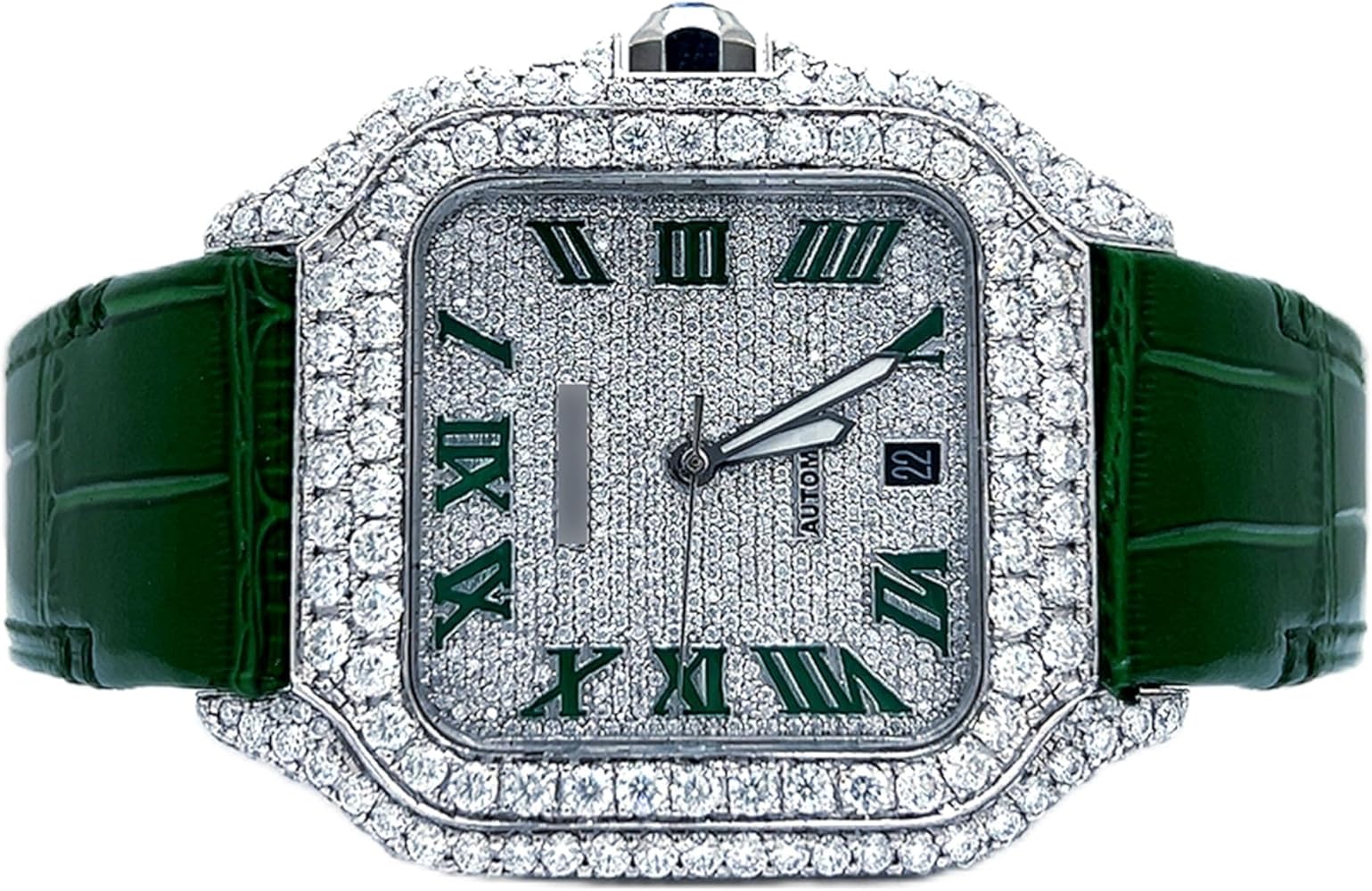 Moissanite Diamond Watch for Men Automatic Luxury Square Watch with Green Leather Strap Iced Out Roman Dial Designer Wrist Watch Gift for Him