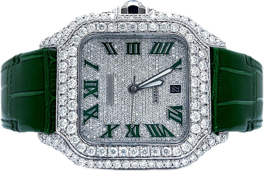 Moissanite Diamond Watch for Men Automatic Luxury Square Watch with Green Leather Strap Iced Out Roman Dial Designer Wrist Watch Gift for Him