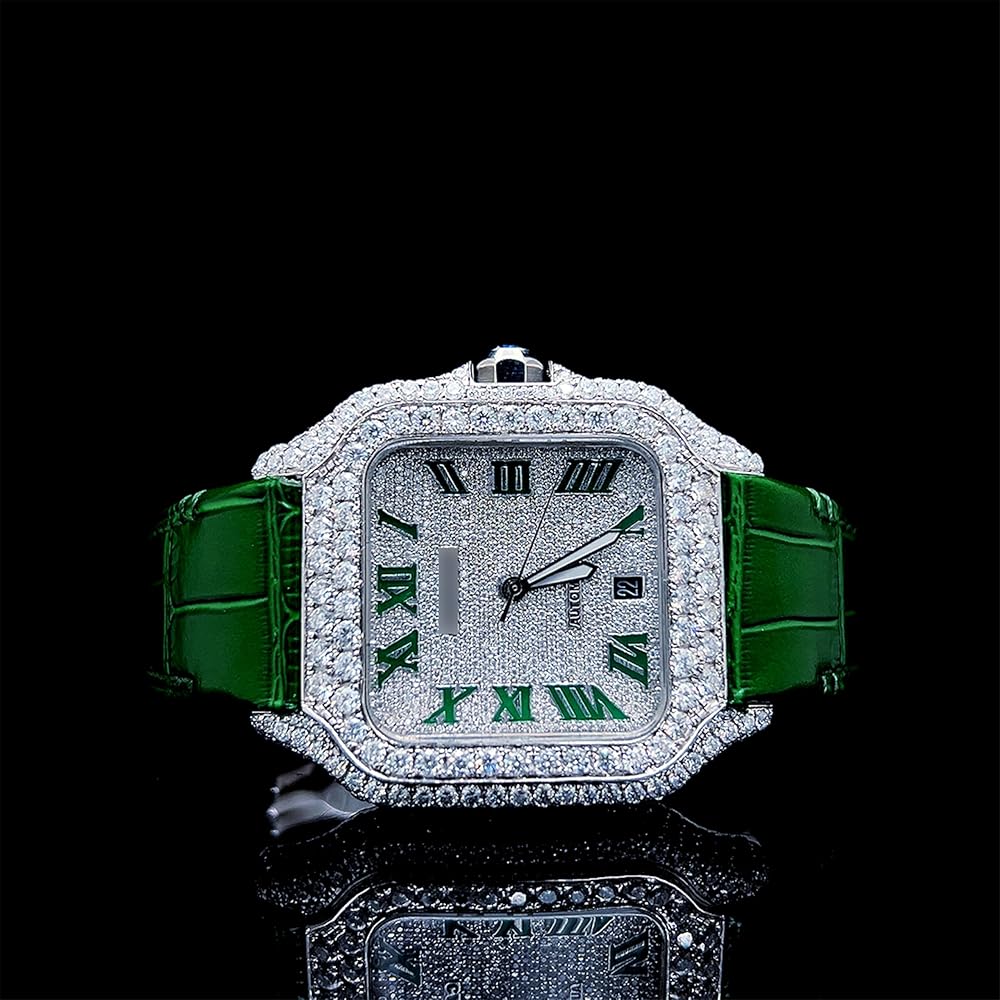 Moissanite Diamond Watch for Men Automatic Luxury Square Watch with Green Leather Strap Iced Out Roman Dial Designer Wrist Watch Gift for Him