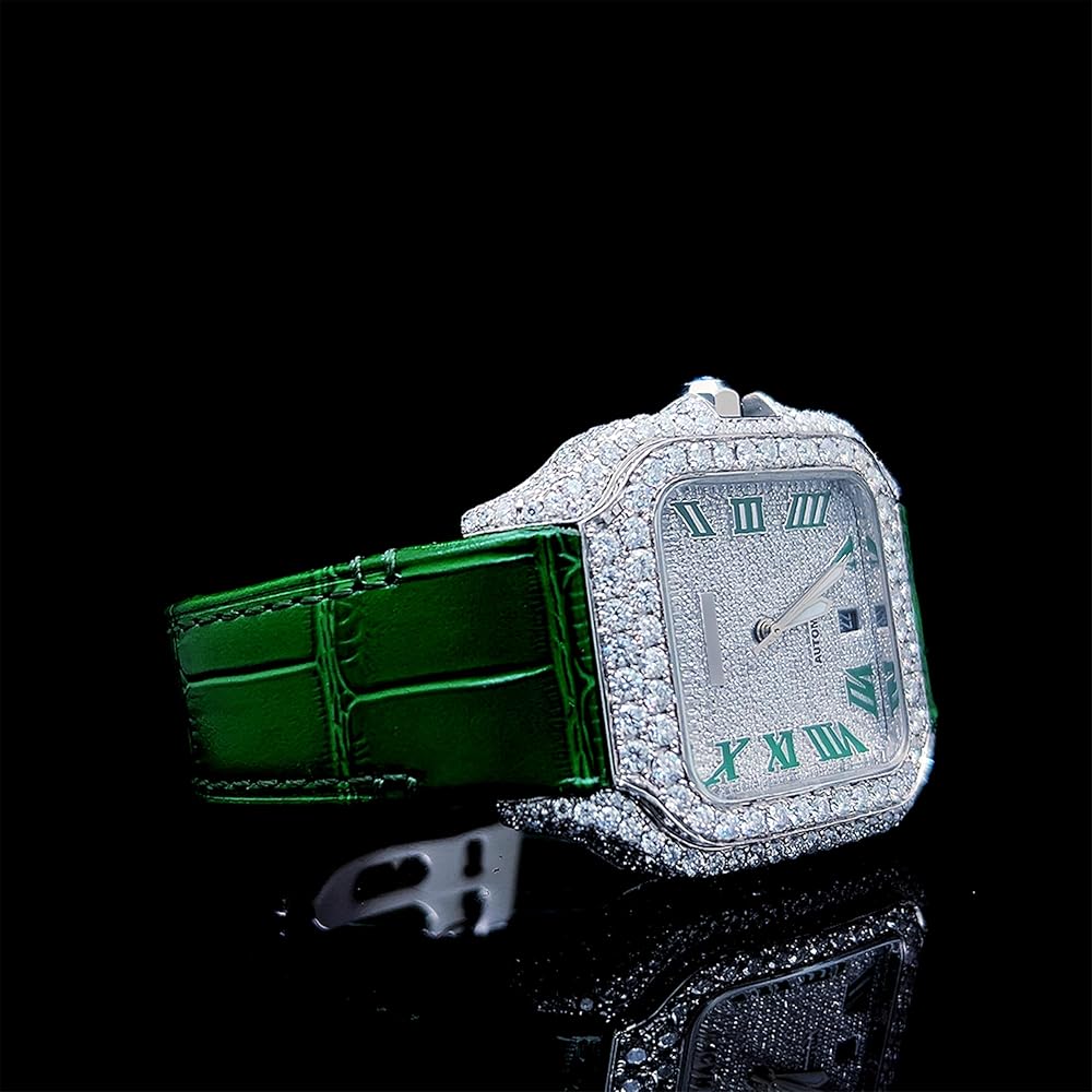 Moissanite Diamond Watch for Men Automatic Luxury Square Watch with Green Leather Strap Iced Out Roman Dial Designer Wrist Watch Gift for Him