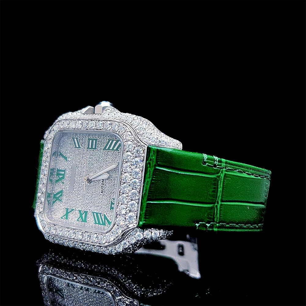Moissanite Diamond Watch for Men Automatic Luxury Square Watch with Green Leather Strap Iced Out Roman Dial Designer Wrist Watch Gift for Him